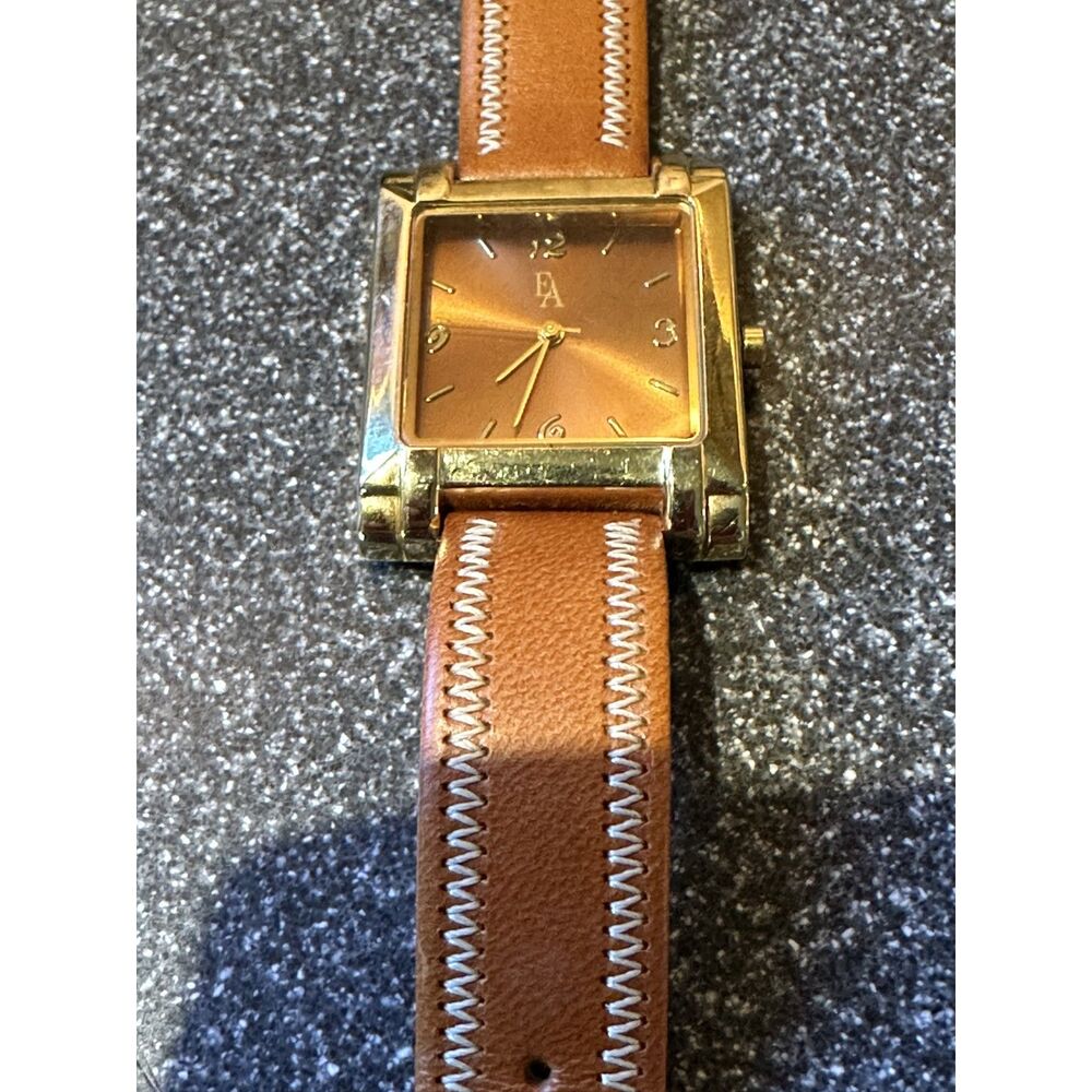 Vintage Etienne Aigner EA Gold Tone Square Tank Watch Stitched Leather Band 7.5"